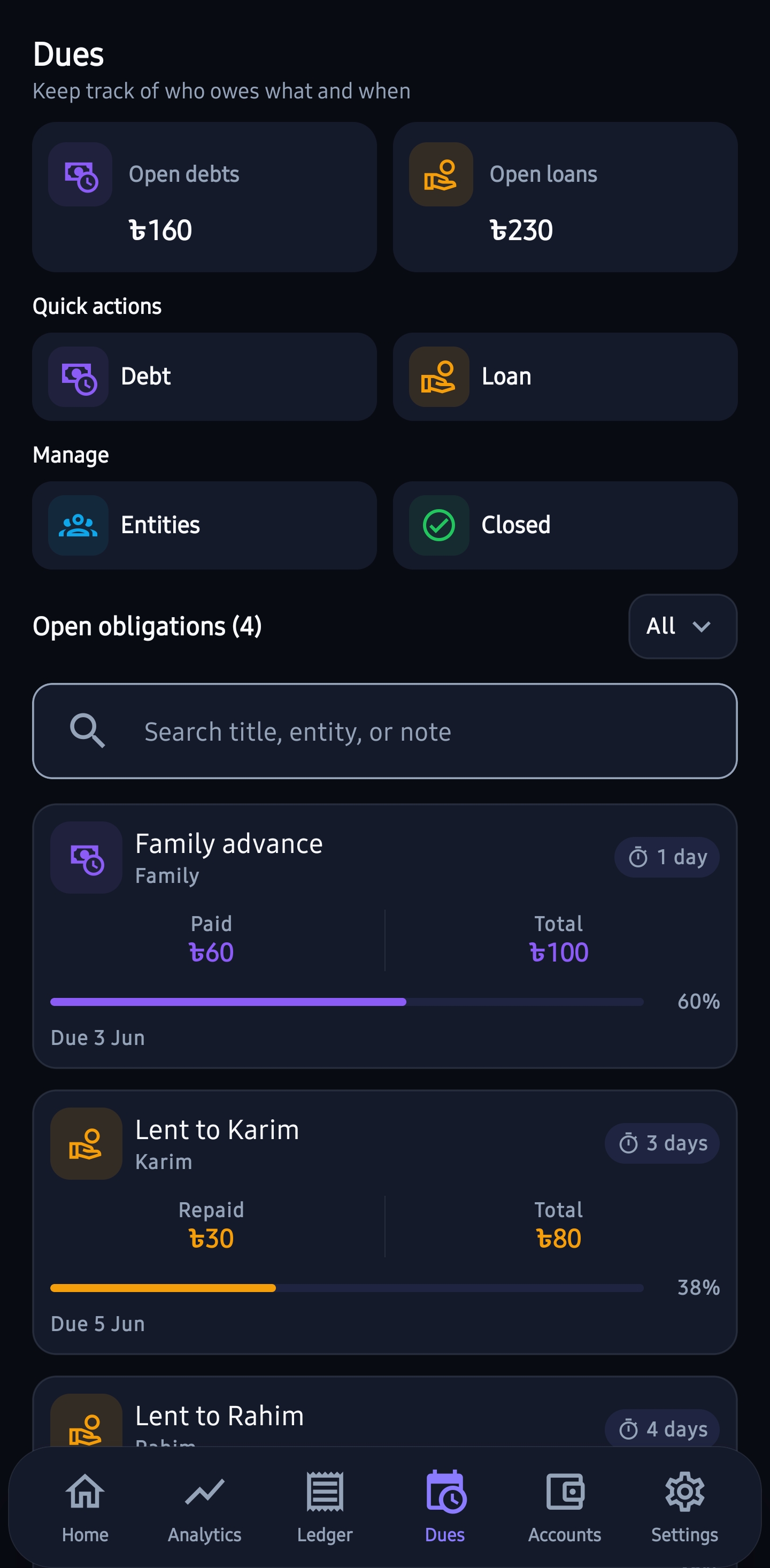 FastHisaab dues screen with open obligations