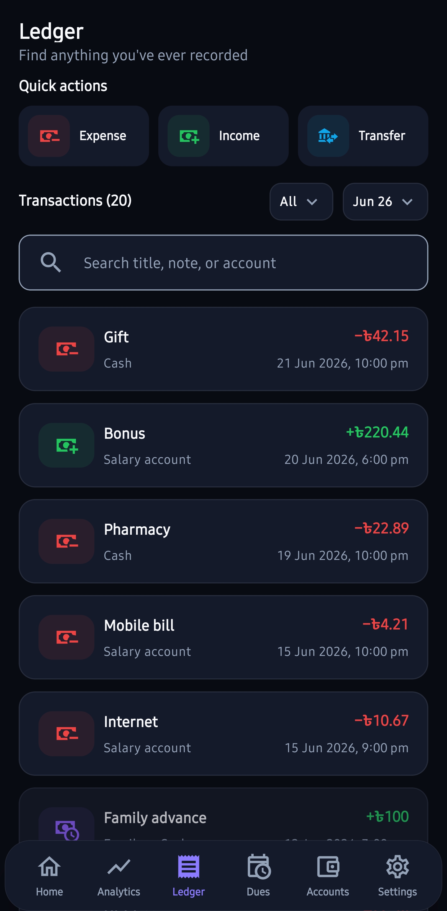 FastHisaab ledger with filters and transaction list