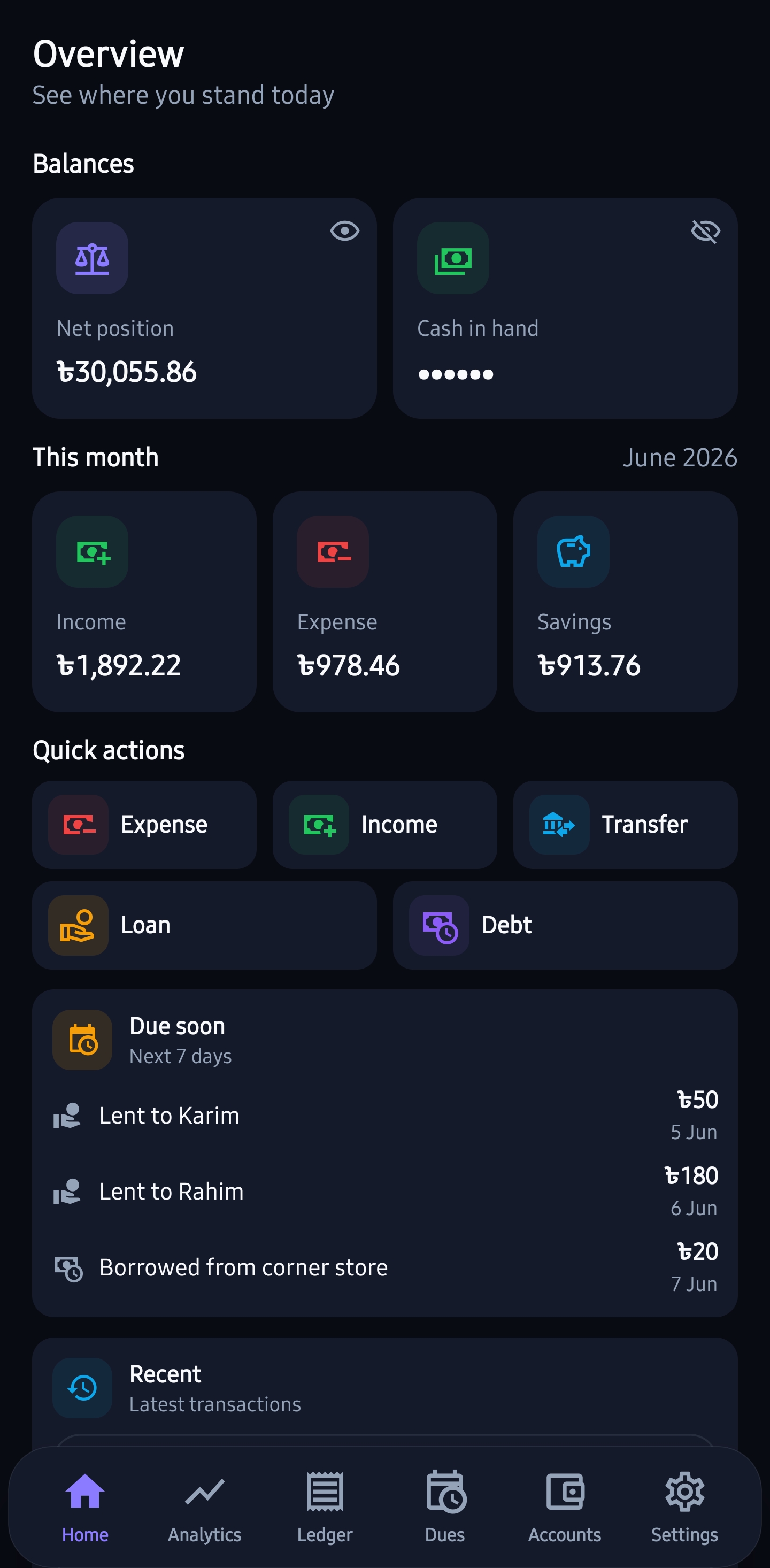 FastHisaab overview screen with balances and monthly summary