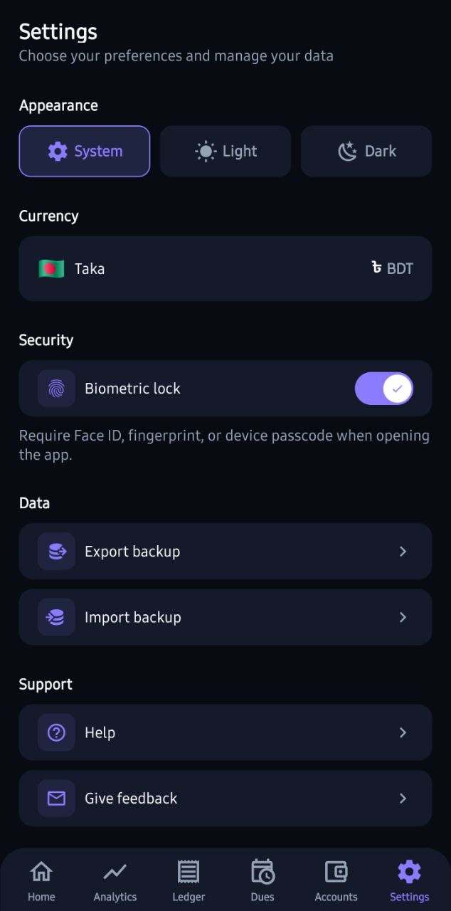 FastHisaab settings with appearance and data options